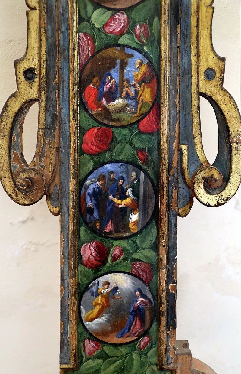 Croce penitenziale con la Madonna del Rosario, san Domenico e i misteri del Rosario - Chiesa di San Pietro, Vaglia, Firenze, dettaglio